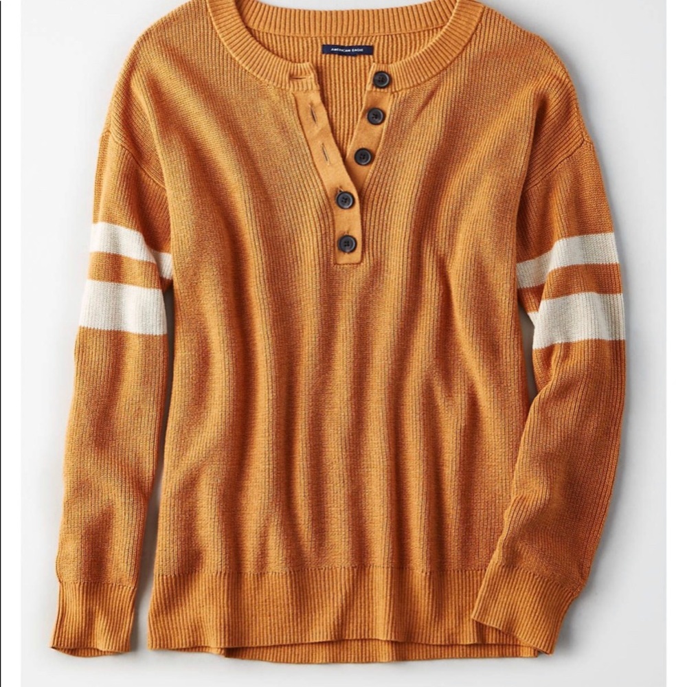 Gold AEO Henley Varsity Stripe Sweater